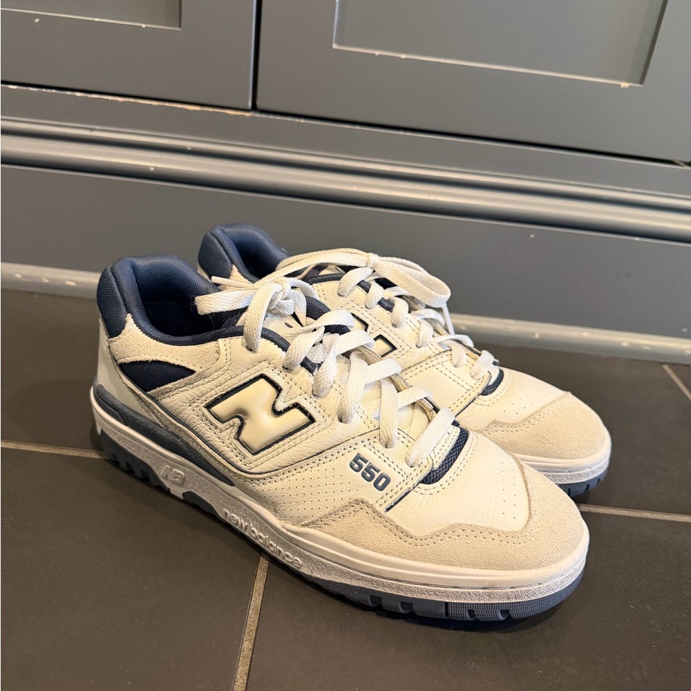 New Balance 550 White and Navy Retro Court Sneakers women’s
